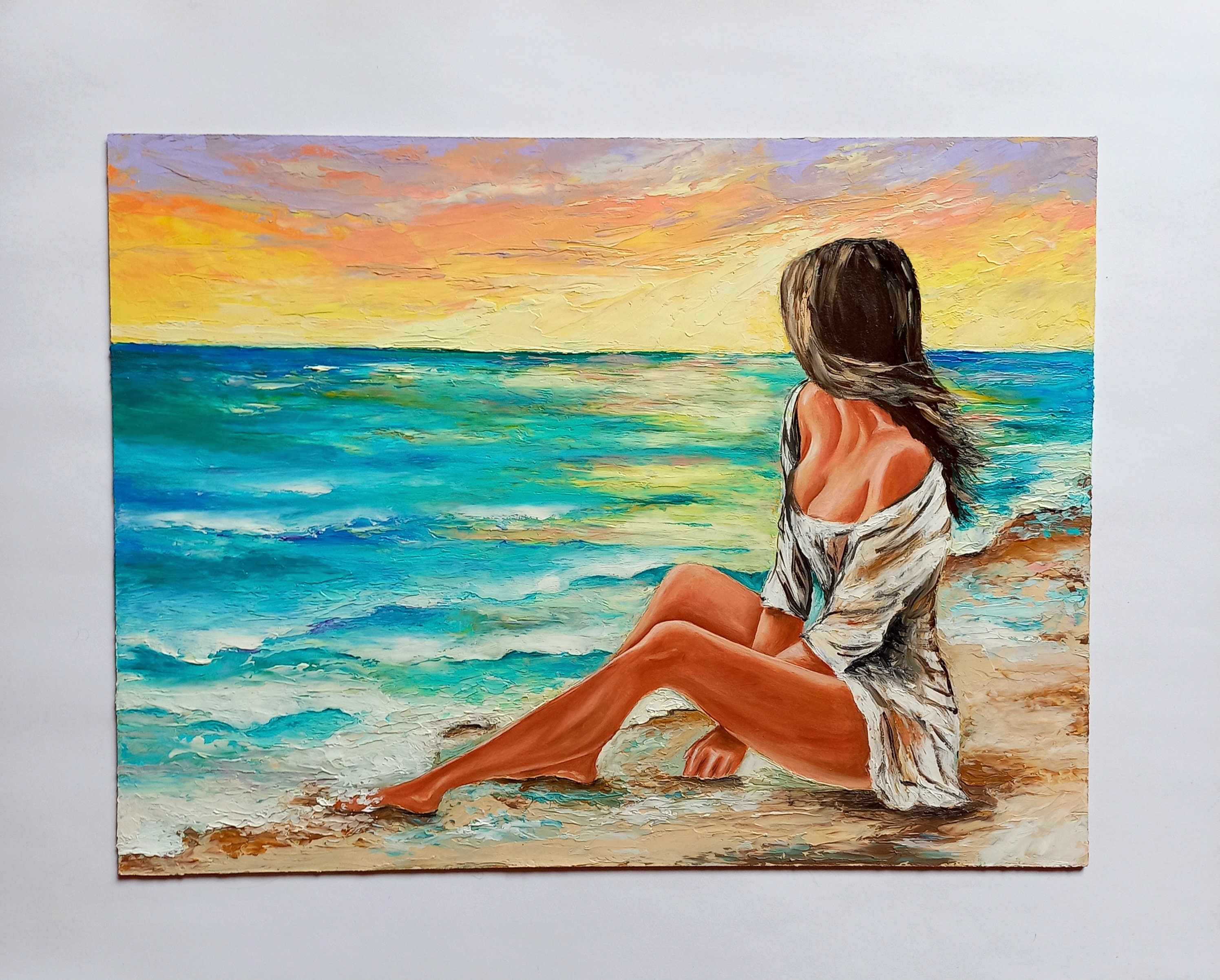 Girl on the Beach Painting Original Art Woman Seascape Sunset