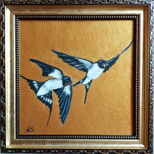 Swallow Bird fly painting original Bird Oil Painting Small Gold Art Frame Artwork Swallow fly art Couple of swallows Gift best friend