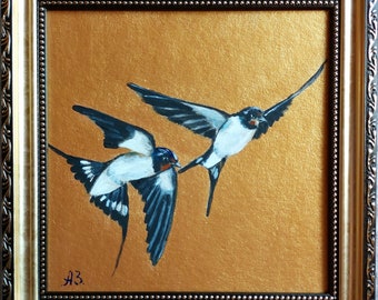 Swallow Bird fly painting original Bird Oil Painting Small Gold Art Frame Artwork Swallow fly art Couple of swallows Gift best friend