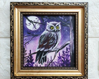 Owl bird painting original Golden framed small artwork owl night landscape wall art Halloween wall decor Best friend gift