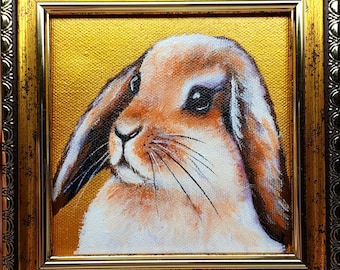 Rabbit Painting Original Bunny Portrait Art Golden Framed Small Animals Artwork