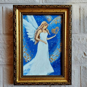Angel oil painting Guardian angel artwork Framed Original Religious art Angel with heart White wings spiritual Goddaughter gifts