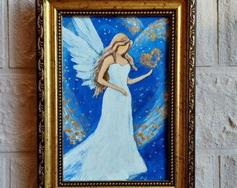 Angel oil painting Guardian angel artwork Framed Original Religious art Angel with heart White wings spiritual Goddaughter gifts