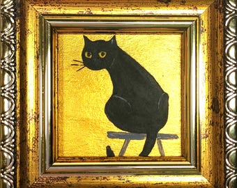 Miniature Black Cat Painting, Framed, Funny Cat Handmade Original Oil Art 2x2 in