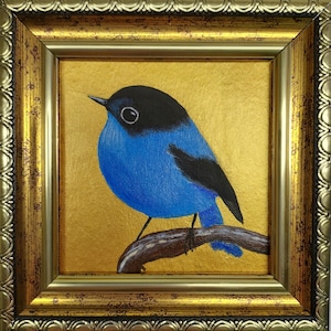 Blue bird painting Golden Framed Art Bird on a Branch Small Painting Bluebird painting Bird art lover gift