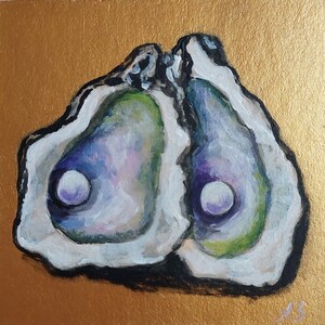 May include: An acrylic painting on a square canvas featuring two open oyster shells against a metallic gold background. The shells display shades of white, deep purple, and vibrant green, with a circular white pearl visible in each shell center.