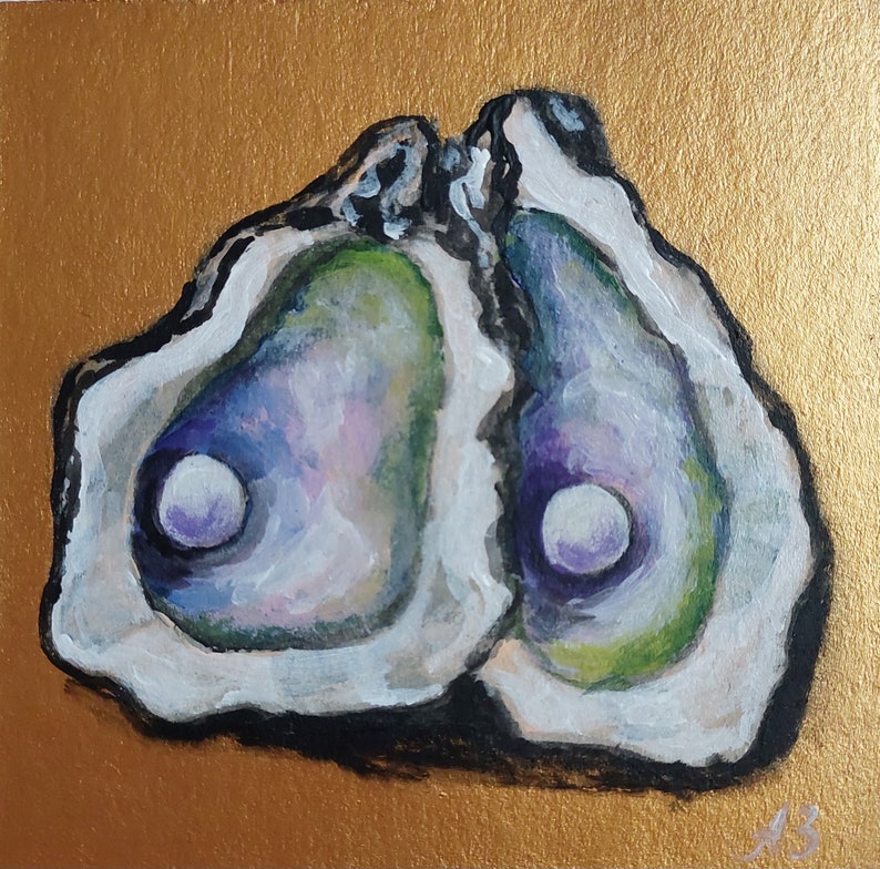 May include: An acrylic painting on a square canvas featuring two open oyster shells against a metallic gold background. The shells display shades of white, deep purple, and vibrant green, with a circular white pearl visible in each shell center.