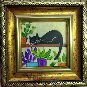 Black cat sleeping on a flower shelf Mini oil painting Framed original art Funny cute kitten  hand painted Vase with Plants art