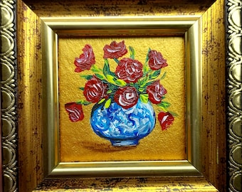 中国の花瓶に描かれたバラの油絵（額入り）｜壁に掛けて飾ることができ