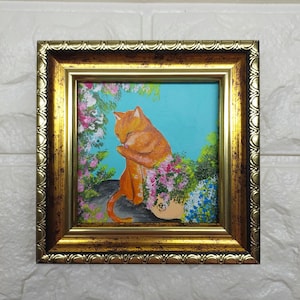 Orange cat painting original Framed art Portrait cat handmade art Small cat painting 3x3 in