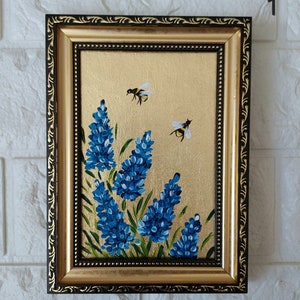 Framed Bee Painting Original : Gold Foil Oil Painting, Gift, Honeybee Art,