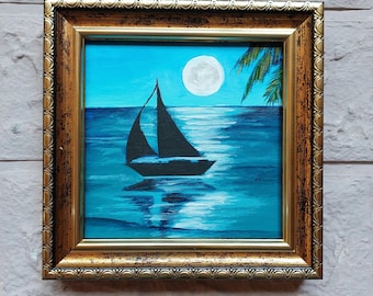 Original Oil Painting: Sailboat Seascape Art - 4x4 Inches
