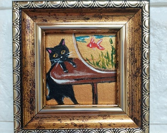 Black cat and fish an aquarium oil Painting gold original artwork framed Black cat miniature painting original Funny animals art