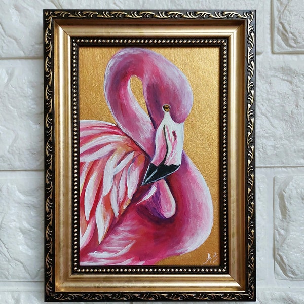 Flamingo painting Wildlife bird painting original Small oil painting animals artwork Golden Framed Painting Farmhouse wall décor