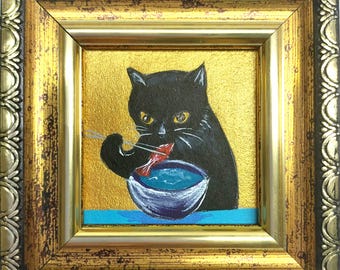 Funny Black Cat Painting Original Oil Art Framed Sushi Cat Wall Decor Mini Artwork