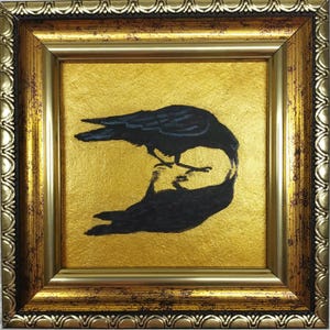 Crow Painting Bird small painting Black crow art Raven portrait Wall Art Golden Painting Framed  Bird Artwork