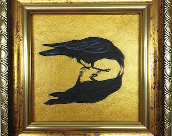 Framed Crow Painting: Golden Background, Small Bird Portrait