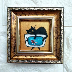 Tiny Black Cat Oil Painting: Gift, Mini Original Art, Framed, Small Decor 2x2