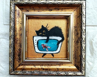 Tiny Black Cat Oil Painting: Gift, Mini Original Art, Framed, Small Decor 2x2