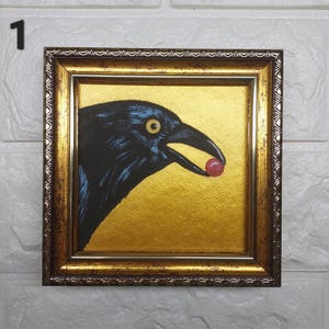 Crow Painting Bird mini oil Painting Raven Wall Art Golden Painting Framed Black Bird Artwork