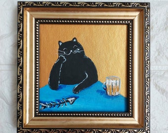 Black cat and beer fish oil painting Gold original artwork framed Funny black cat painting Portrait cat artwork Kitchen Art Gift best friend