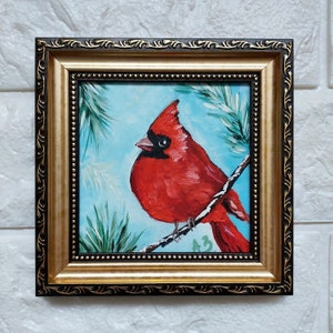 Cardinal Bird Painting Red Bird Painting Bird on Pine Branch Wall Art Framed Bird Small Original Artwork