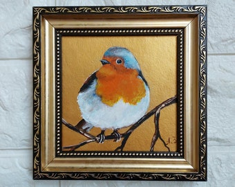 Robin painting original Red Bird Robin Artwork Golden Framed Painting Bird on Branch Painting Small Bird lover gift Art Ukrainian art