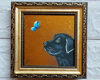 Black Labrador Dog Painting gold leaf original framed Dog with butterfly painting original Сute animals art