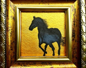 Original Black Horse Oil Painting, Golden Background, Framed Miniature Art (2x2 in)