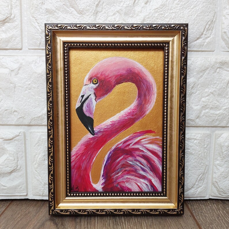 Flamingo painting Wildlife bird painting original Small oil painting animals artwork Golden Framed Painting Farmhouse wall décor image 8