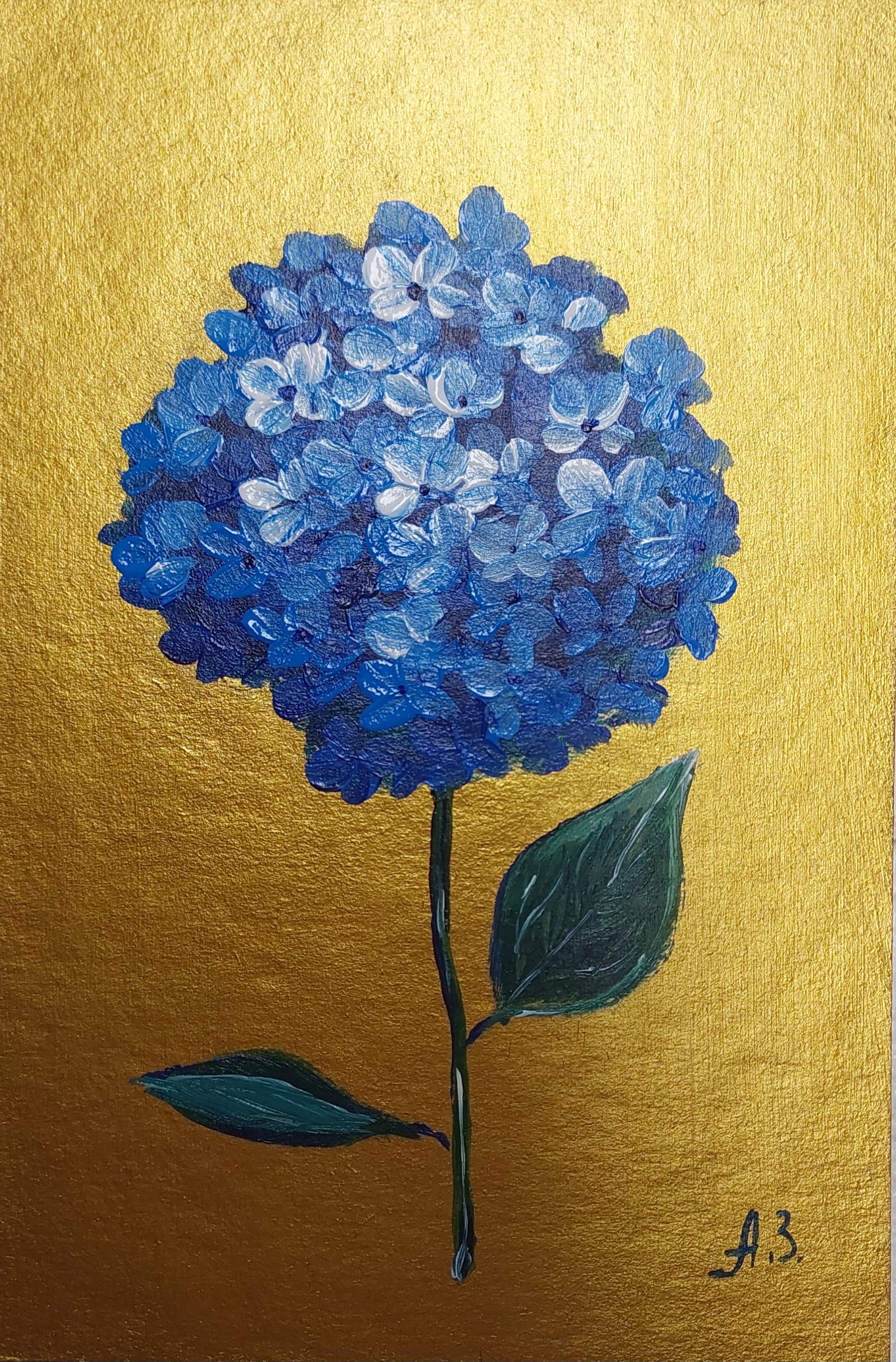 Original Blue Hydrangea Oil Painting, Framed Floral Art on Gold - Etsy