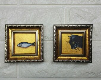 Framed Black Cat and Fish Oil Painting: Funny Miniature Art