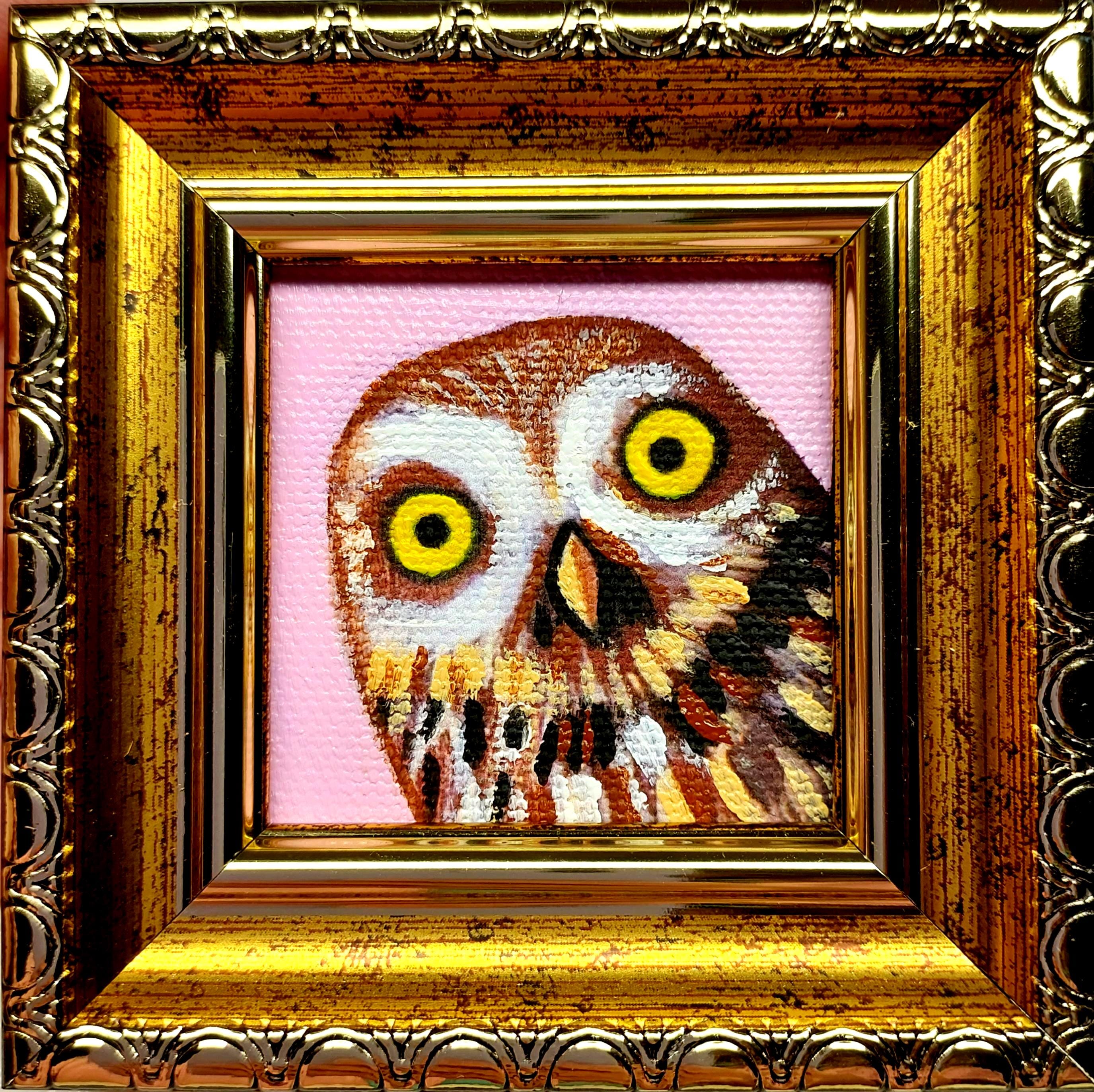 Funny Owl Oil Painting: Gift, Miniature Wall Decor, Framed Bird Art 2x2