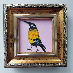 Crow mini Painting Black Bird Painting Raven Wall Art Golden Framed Painting funny crow gift to a friend