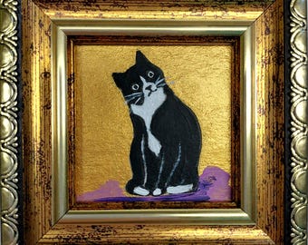 Tuxedo Cat Painting: Gift, Funny Cat Original Mini Oil Art, Framed 2x2"