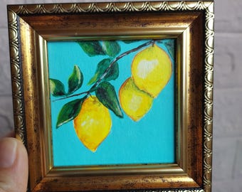 Lemon Oil Painting, Tiny Citrus Artwork, Framed Miniature lemon Branch Art 3x3"