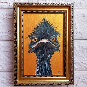 Ostrich Painting Original Bird Oil Painting Small Gold Art Frame Artwork Black Bird Wall Art Farm animal painting