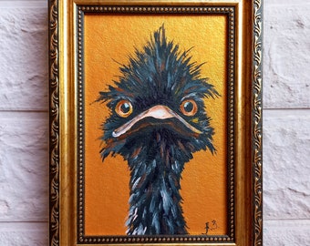 Ostrich Painting Original Bird Oil Painting Small Gold Art Frame Artwork Black Bird Wall Art Farm animal painting