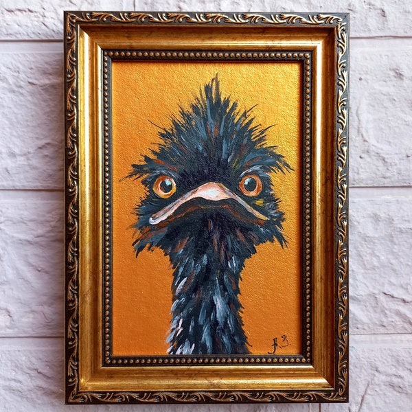 Ostrich Painting Original Bird Oil Painting Small Gold Art Frame Artwork Black Bird Wall Art Farm animal painting