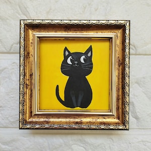 Black cat painting Сat portrait original artwork Framed Small art Funny cat handmade art cat painting 3x3 in