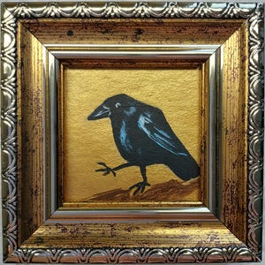Crow Painting Bird mini oil Painting Raven Wall Art Golden Painting Framed Black Bird Artwork