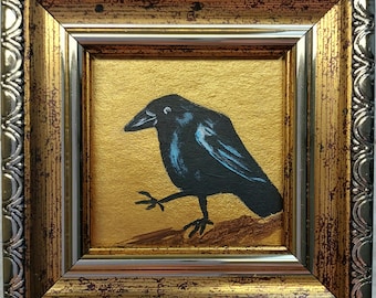 Crow Painting Bird mini oil Painting Raven Wall Art Golden Painting Framed Black Bird Artwork