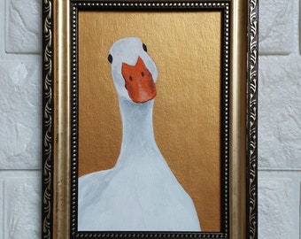 White Goose Painting Original Miniature Geese Hand-Painted Duck painting FRAMED
