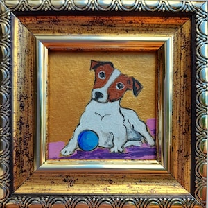 Framed Jack Russell Terrier Oil Painting: Miniature Dog Portrait Art