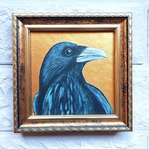 Crow Painting Raven Wall Art Bird small oil Painting Golden Painting Framed Black Bird Artwork