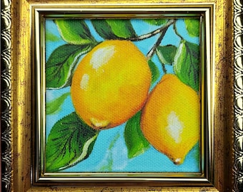 レモンの水彩画、オリジナル柑橘系食品アート（2.5×3.5インチ ACEO
