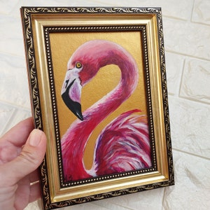 Flamingo painting Wildlife bird painting original Small oil painting animals artwork Golden Framed Painting Farmhouse wall décor image 5