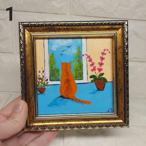 Orange cat painting original Framed art Сat near the window handmade art Small painting 4x4 in