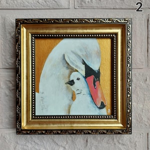 Swan Bird Painting Original Golden FRAMED Miniature Swan Family Artwork