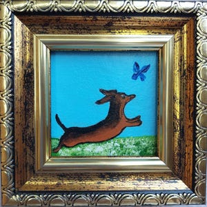 Dachshund painting Brown dog artwork original Framed Puppy painting Сute animals art